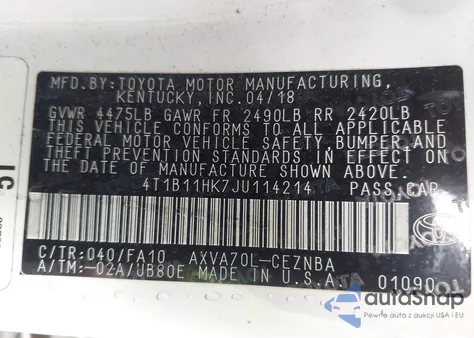2018 Toyota Camry Le z USA, uszkodzony, nr VIN 4T1B11HK7JU114214
